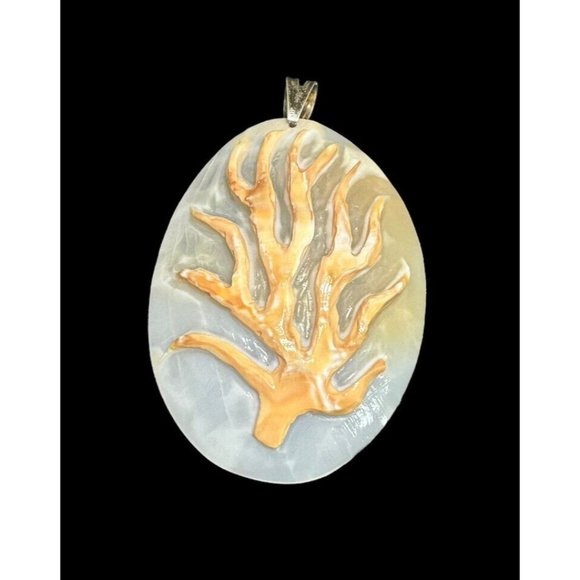 925 Italy Carved Coral Branch Cameo Pendant Artist Signed Mother of Pearl Dangle - Picture 1 of 7